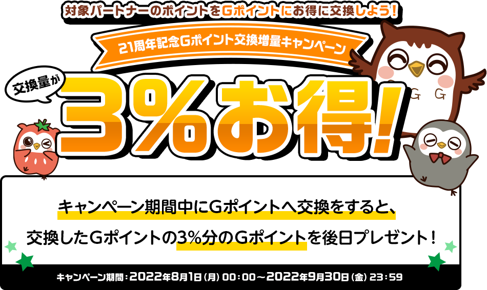 対象パートナーのポイントをＧポイントに交換しよう！Ｇポイントプレゼントキャンペーンドドーンと総額100万Ｇ